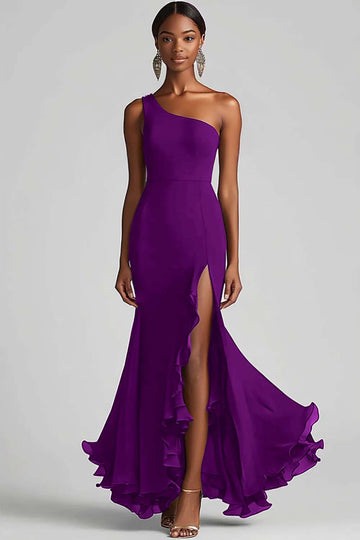 Plum Chiffon One Shoulder Mermaid Evening Dress with Slit